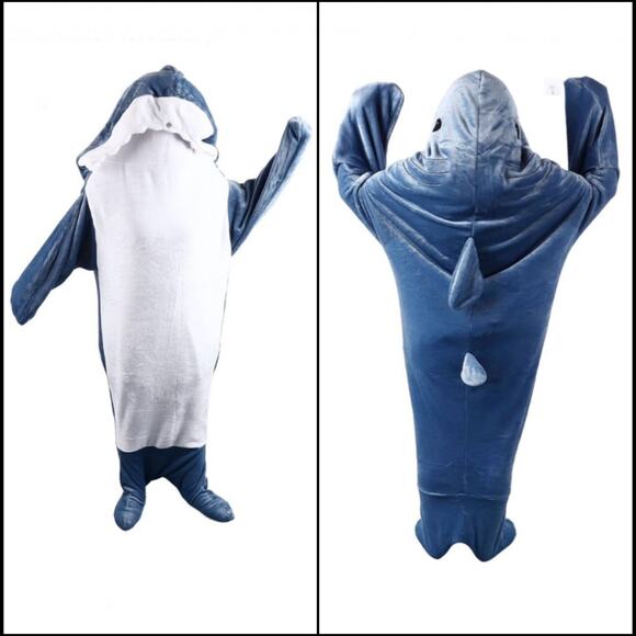 Hooded Fleece Shark Blanket Sleeping Bag One Piece Gray White Unisex Kids Large - Picture 1 of 15